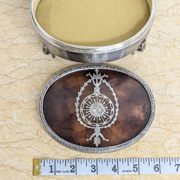 Vintage Tortoise Shell Pattern Silver Tone Metal Oval Jewelry Lidded Box - Picture 13 of 15